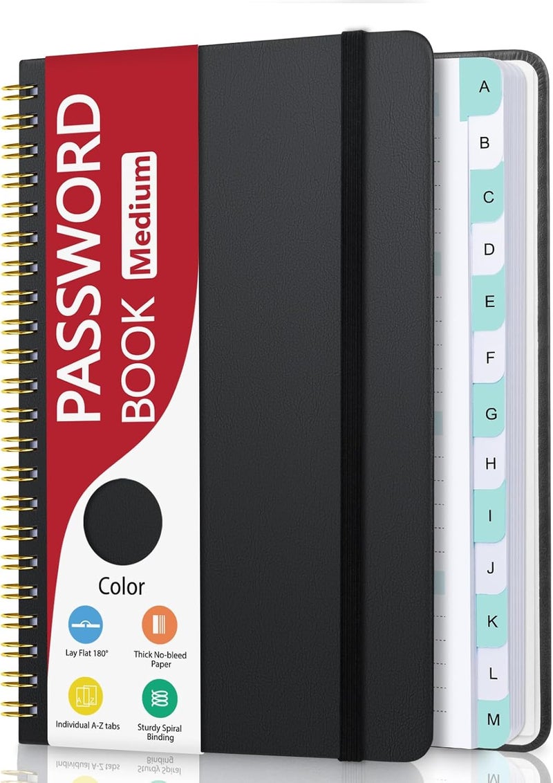 Homlive Spiral Password Book with Individual Alphabetical Tabs, Hardcover Password Keeper Book for Seniors, Password Notebook for Home or Office & Website Address Login-Black, 5.7" x 7.7" - Image 1